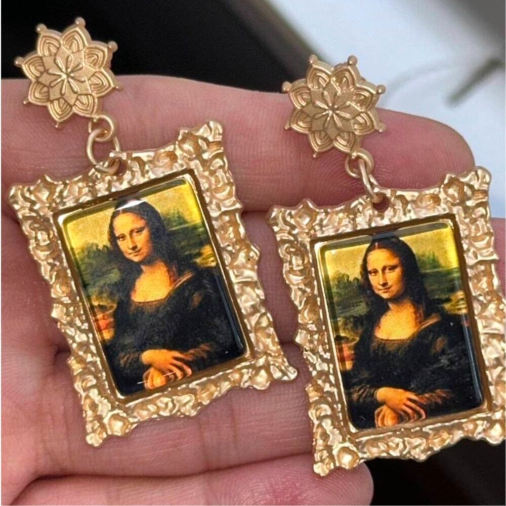 New Mona Lisa Painting Framed Earrings Gold Artwork Dangle‎ Art Ornate Lourve